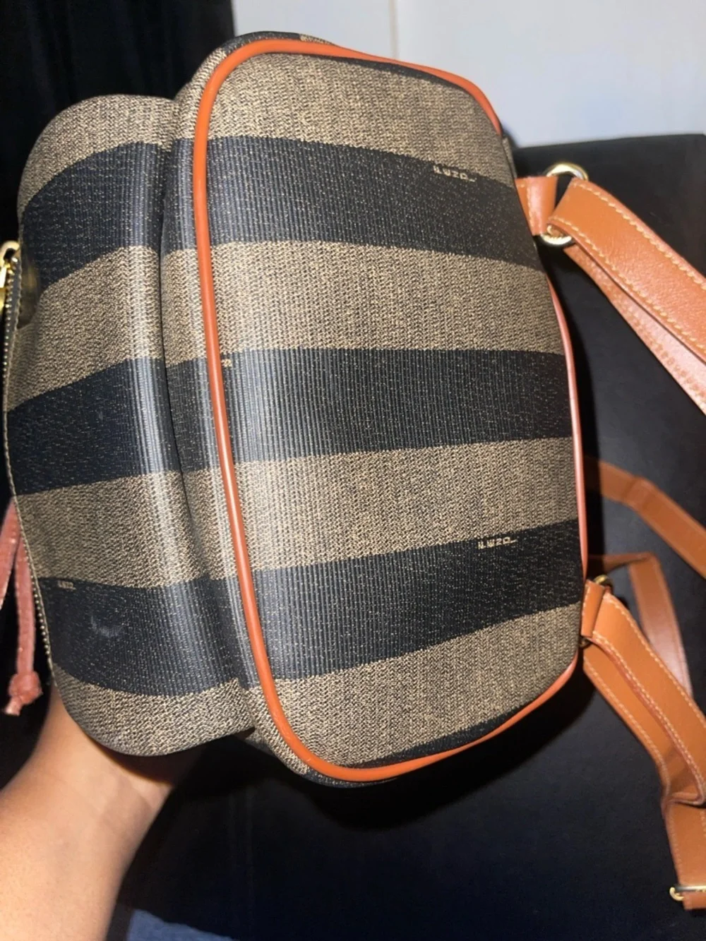 Fendi Vintage Pecan Striped Pequin Coated Canvas Small Backpack EUC